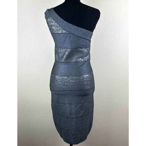 Bebe One Shoulder Bandage Dress Metallic Gray Bodycon Party Cocktail Y2K Size M - Picture 4 of 11